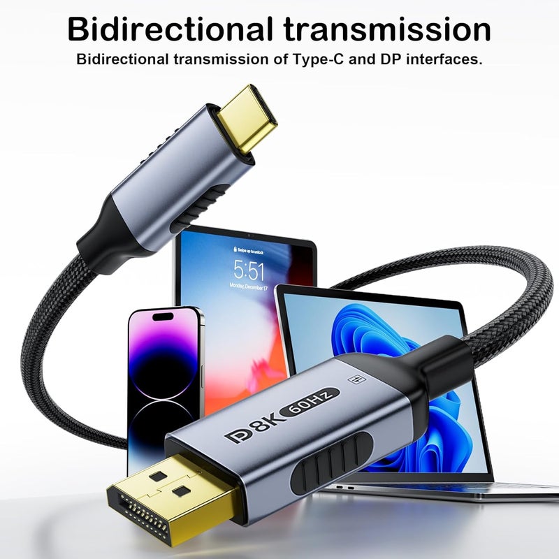 DiamondTiger Bidirectional USB-C to DisplayPort 1.4 Cable 8K@60Hz 4K@240Hz, 5FT/1.5M DP to USB C Thunderbolt 4 Cord,Aluminum Case Nylon Braided, Compatible with iPhone 16 Pro Max, MacBook Pro/Air, iPad(5FT/1.5M) - Image 3